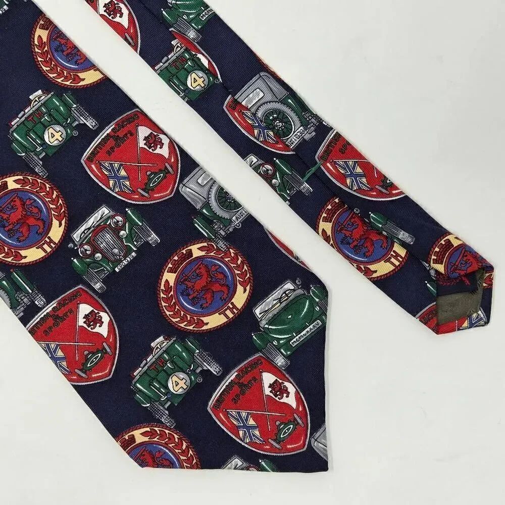 TOMMY HILFIGER SILK TIE BLUE RED GREEN BRITISH AUTO RACING VINTAGE 4" X 58"